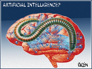 A cartoon features a diagram of a brain, overlaid with computer imagery, with a large worm coursing through the brain on top. At the top of the cartoon are the words Artificial Intelligence?
