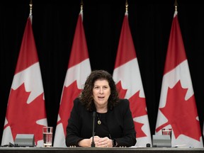 Auditor general Karen Hogan speaks about the ArriveCAN app during a news conference on Feb. 12, 2024 in Ottawa.