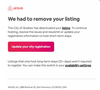 This is a screenshot of a message from Airbnb telling a host their listing was removed and that they can change the length of their stay to longer than 31 days to avoid local regulations that require a permit.