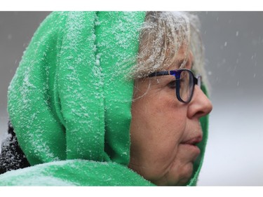 Green Party's Elizabeth May arrives at the funeral of former prime minister Brian Mulroney at Notre-Dame Basilica in Montreal on Saturday, March 23, 2024.