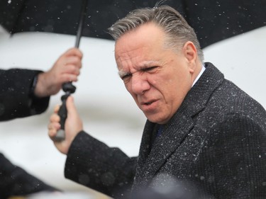 Quebec Premier François Legault arrives for the funeral of former prime Minister Brian Mulroney at the Notre-Dame Basilica in Montreal on Saturday, March 23, 2024.