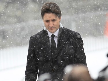 Canadian Prime Minister Justin Trudeau arrives for the funeral of former prime Minister Brian Mulroney at Notre-Dame Basilica in Montreal on Saturday, March 23, 2024.