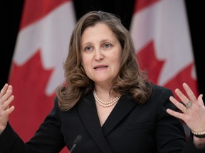 Finance Minister Chrystia Freeland says a tax on beer, spirits and wine is set to increase on April 1 to two per cent. Freeland responds to a question during a weekly news conference in Ottawa, Tuesday, Feb. 27, 2024.