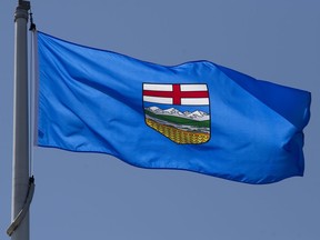 Alberta's provincial flag flies on a flagpole in Ottawa, Monday, July 6, 2020.