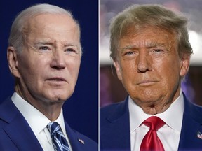 In this combination of photos, President Joe Biden, left, speaks on Aug. 10, 2023, in Salt Lake City, and former president Donald Trump speaks on June 13, 2023, in Bedminster, N.J.