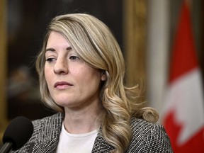 Minister of Foreign Affairs Mélanie Joly speaks on Parliament Hill in Ottawa, on March 1, 2024.