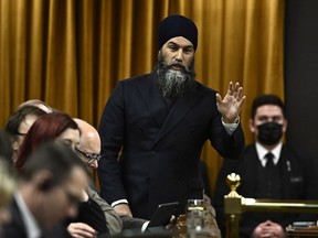 NDP Leader Jagmeet Singh rises during Question Period in the House of Commons on Parliament Hill in Ottawa on Thursday, Feb. 29, 2024. Members of Parliament are set to vote Monday on a motion from the New Democrats calling on Prime Minister Justin Trudeau's government to "officially recognize the State of Palestine."