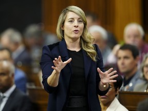Minister of Foreign Affairs Mélanie Joly rises during question period in the House of Commons on Parliament Hill in Ottawa on Monday, March 18, 2024.