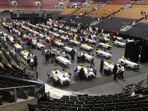A general view of the children's COVID-19 vaccine clinic at the Scotiabank Arena in Toronto on Sunday, Dec. 12, 2021.