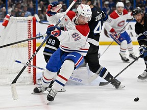 Canadiens' Joshua Roy (89) loses the puck against the Tampa Bay Lightning on Saturday, March 2, 2024, in Tampa, Fla.