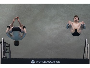 Nathan Zsombor-Murray of Pointe-Clair and Rylan Wiens of Canada compete during the men's 10m synchronized platform final at the World Aquatics Diving World Cup 2024 in Montreal on Sunday, March 3, 2024.