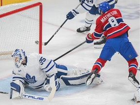 Canadiens' Mike Matheson (8) scores against Toronto Maple Leafs goaltender Ilya Samsonov during first period NHL hockey action in Montreal on Saturday, March 9, 2024.
