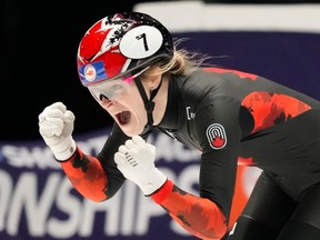 Sherbrooke native Kim Boutin celebrates winning the gold medal in the women's 500 meters final during the World Championships Short Track skating at Ahoy Arena in Rotterdam, Netherlands, on Saturday, March 16, 2024.