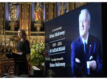 Caroline Mulroney delivers a eulogy from the pulpit for her father, former prime minister Brian Mulroney, during his funeral in Montreal, Saturday, March 23, 2024.