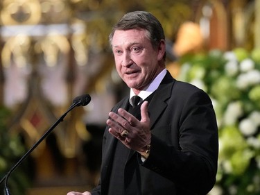 Former NHL player Wayne Gretzky speaks the funeral of former prime minister Brian Mulroney in Montreal on Saturday, March 23, 2024.