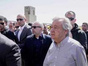 United Nations Secretary General Antonio Guterres visits the Rafah border crossing between Egypt and the Gaza Strip, Saturday, March 23, 2024.
