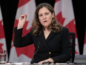 Deputy Prime Minister and Minister of Finance Chrystia Freeland responds to a question during a weekly news conference on Feb. 27, 2024 in Ottawa.