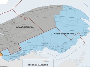 Map showing new electoral boundaries on the Gaspé peninsula, with Gaspé and Bonaventure ridings merged
