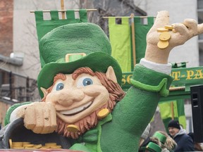 A giant leprechaun is shown during the St. Patrick's parade in Montreal, Sunday, March 19, 2023.