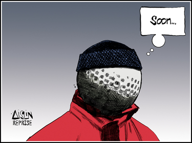 A cartoon of a person wearing winter clothes who has a golf ball as a head, saying "soon..."