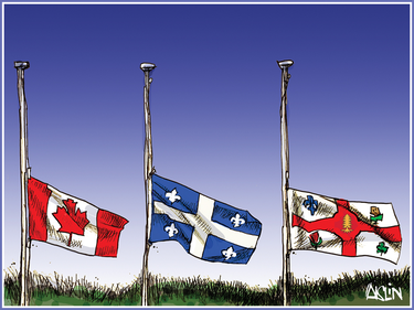 Drawing of the Montreal, Quebec and Canadian flags at half mast