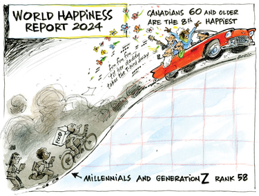 Illustration of a graph tracking the World Happiness Report for 2024. A cheering crowd in a muscle car speeds up the slope, noting that Canadians 60 and older are the eighth happiest. A group of youngsters, walking and biking up the slope in the smog left behind the car, note that millennials and Gen Z rank 58th.