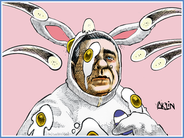 Cartoon of François Legault, in costume as the Easter bunny, with egg on his face and additional eggs being pelted at him