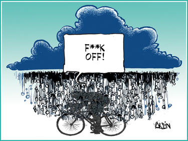 A cyclist pedals in the rain under a dark cloud while the text read F**k Off!