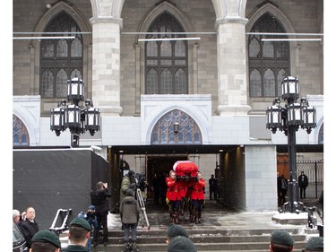 The casket of Brian Mulroney, Canada's 18th prime minister, is taken away at Notre-Dame Basilica on Saturday, March 23, 2024, in Montreal.