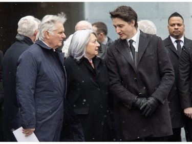 Prime Minister Justin Trudeau and Governor General Mary Simon outside the church after the funeral of Brian Mulroney, Canada's 18th prime minister, at Notre-Dame Basilica on Saturday, March 23, 2024, in Montreal.