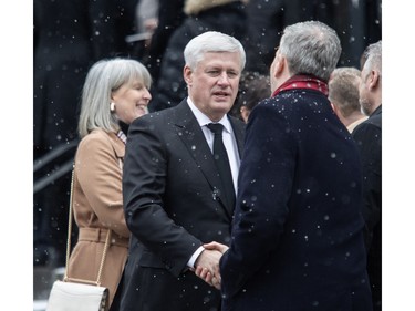 Former prime minister Stephen Harper outside the church after the funeral of Brian Mulroney, Canada's 18th prime minister, at Notre-Dame Basilica on Saturday, March 23, 2024, in Montreal.