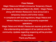 A text box on a red background reads 'Press Release Magic Palace and Mirela's Announce Temporary Closure [Kahnawà:ke, Ennisko:wa/March 25, 2024] – Magic Palace, along with Mirela's Restaurant, have announced a temporary closure until further notice. In compliance with local regulations, Magic Palace and Mirela's Restaurant have temporarily suspended operations. Magic Palace and Mirela's Restaurant express gratitude for the understanding and support of our patrons and the community. Updates regarding reopening will be provided in due course. Thank you/Nia:wen.'