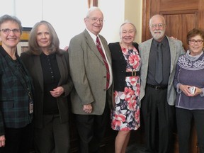 Dr. Fern Desjardins, St- Agatha; (left to right) Cathie Pelletier, Allagash; Richard L'Heureux, Sanford native and Topsham resident; Cecile Thornton, Lewiston; Denis Ledoux, of Lewiston and Lisbon; and previous Hall of Fame inductee Doris Bonneau attend a Francophonie Day event at the Maine State House in Augusta, Maine, on Tuesday, March 12, 2024, in a handout photo.