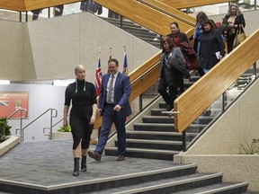 Minister of Families Nahanni Fontaine and Minister of Justice and Attorney General Matt Wiebe attend a press conference in Winnipeg, Monday, Jan. 29, 2024.