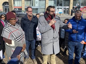 Deborah Adegboye (left to right), Quebec Soldaire MNA Guillaume Cliche-Rivard and NDP MP Alexandre Boulerice attend an event as community groups gather outside federal Immigration Minister Marc Miller's Montreal office on Friday, March 29, 2024 to demand a stop to the deportation of Adegboye's family next month.