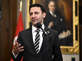 Minister of Justice and Attorney General of Canada Arif Virani responds to questions from reporters in the Foyer of the House of Commons on Parliament Hill after Question Period, in Ottawa on Thursday, Feb. 29, 2024.