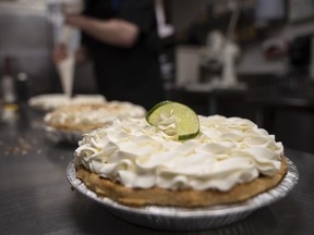 A key lime pie on a countertop.