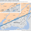 Kaarten tonen totale versus gedeeltelijke zonsverduistering in Quebec, via Montreal, Drummondville en Victoriaville