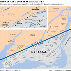 Map shows total and partial solar eclipse in Quebec passing through Montreal, Drummondville and Victoriaville