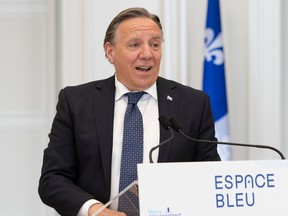 Quebec Premier François Legault announces Espaces bleus initiative at a news conference in Quebec City on June 10, 2021.