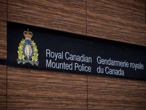 The RCMP logo is seen outside Royal Canadian Mounted Police "E" Division Headquarters, in Surrey, B.C., on Friday April 13, 2018.