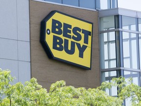 A Best Buy sign is seen on a store front in Montreal on Tuesday, June 18, 2019.