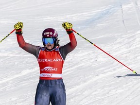 Marielle Thompson of Canada celebrates after winning the women's ski cross event at the FIS Ski Cross, SX, World Cup in Veysonnaz, Switzerland, on Saturday, March 16, 2024.