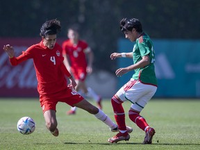 Canadian midfielder Alessandro Biello, left, is challenged by Mexico's Issac Martinez during international friendly U17 soccer action in Mexico City in a Dec. 15, 2022 handout photo. CF Montreal signed midfielders Alessandro Biello and Matteo Schiavoni to their first professional contracts Wednesday.