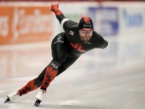 Laurent Dubreuil of Lévis competes during the 2nd men's 1000-metre event at the ISU World Championships in Inzell, Germany, on Friday, March 8, 2024.