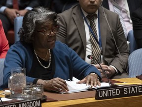 United States Ambassador and Representative to the United Nations Linda Thomas-Greenfield speaks during a Security Council meeting at United Nations headquarters, Friday, March. 22, 2024.