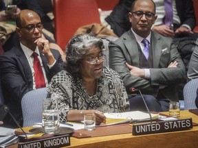 U.S. United Nations Ambassador Linda Thomas-Greenfield, centre, addresses a meeting of the United Nations Security Council on the war in Gaza, on March 11, 2024, at UN headquarters.