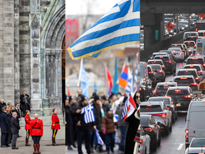 This photo is a collage with three photos, the first is people standing outside of a church, the second is a closeup of greek flags at a parade, and the third is cars in traffic seen from behind.