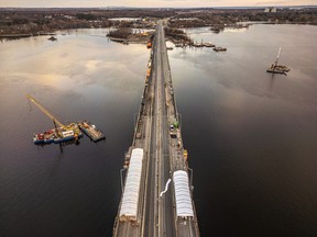 An aerial view of a bridge undergoing renovation