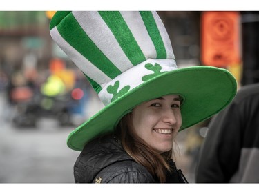 Madeline Albert donned her oversized hat for the 199th St. Patrick's Day parade in Montreal on Sunday, March 17, 2024.